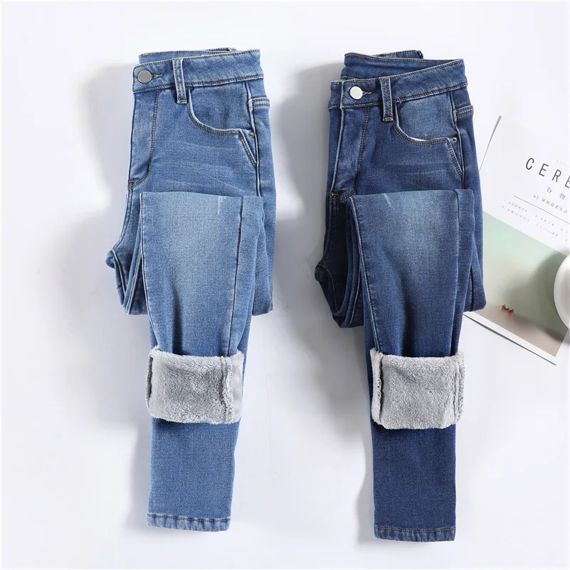 Women Thermal Jeans Winter Snow Warm Plush Stretch Jeans Lady Skinny Thicken Fleece Students Pants Female Retro Blue Trousers