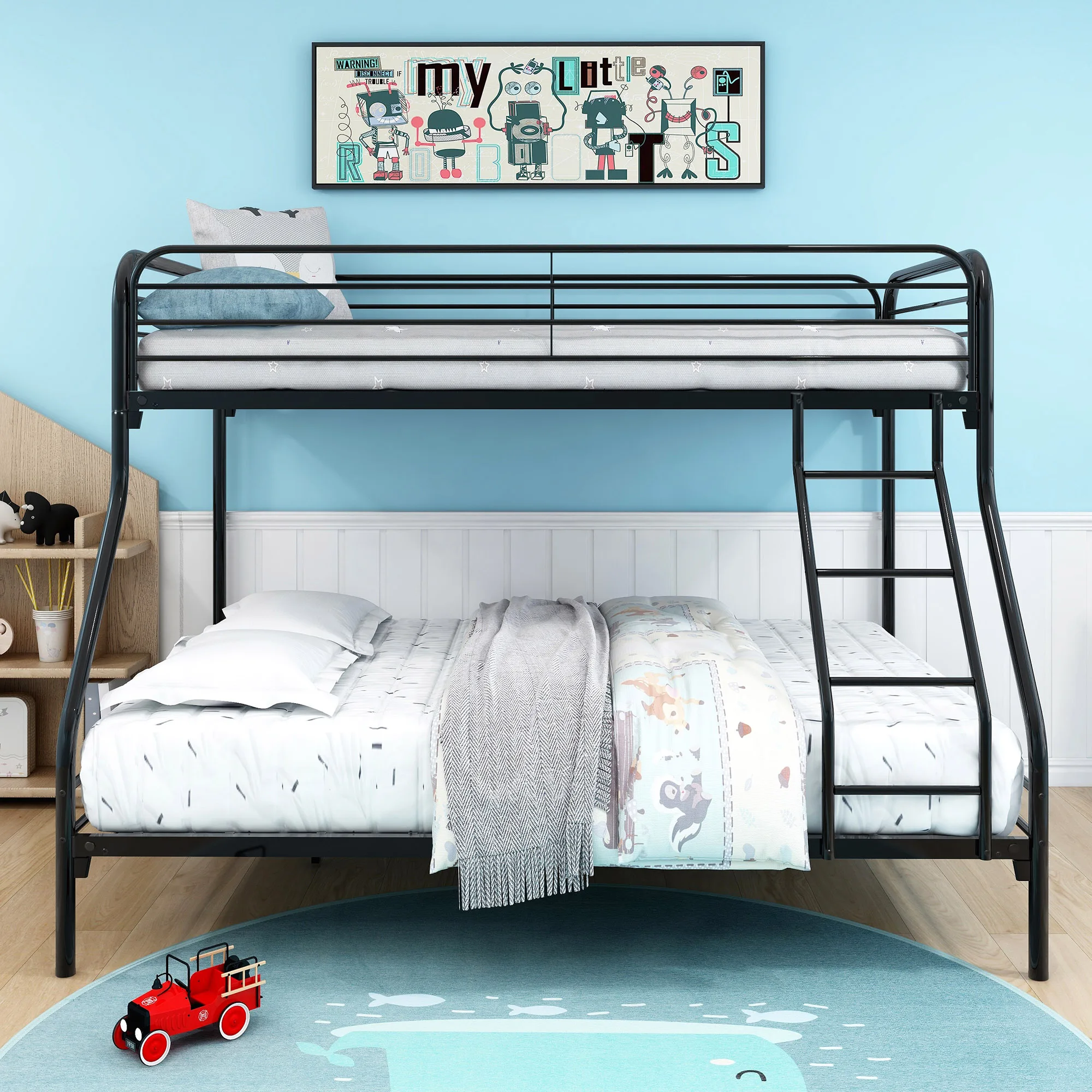 Closed Upper Bunk Metal Platform Steel Slats With Inclined Ladder Black[us-w]