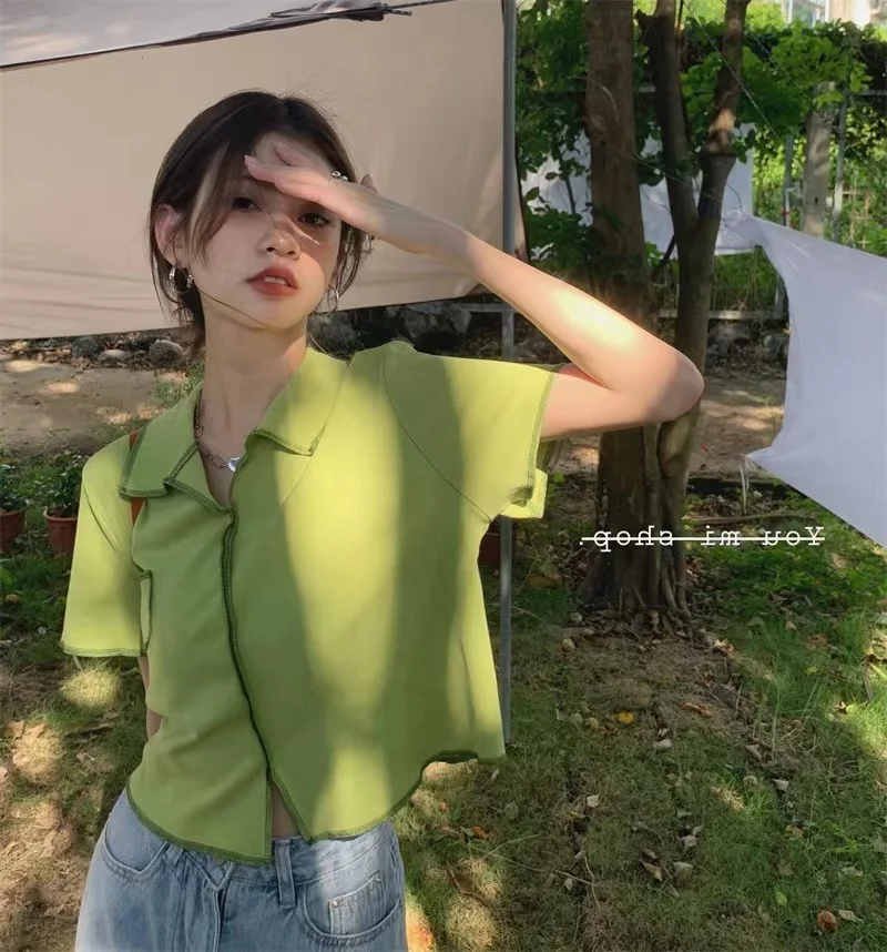 

Woherb New Summer Turn Down Collar Woman Tshirts 2023 Fashion Solid Color Tees Korean Short Sleeve Pocket Casual Loose Y2k Tops