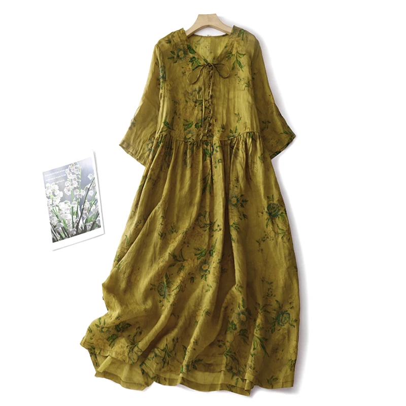 

Limiguyue французский стиль, винтажное литературное женское платье на пуговицах, рукав до локтя, летний цветочный принт, Ramie, длинные тонкие плат...
