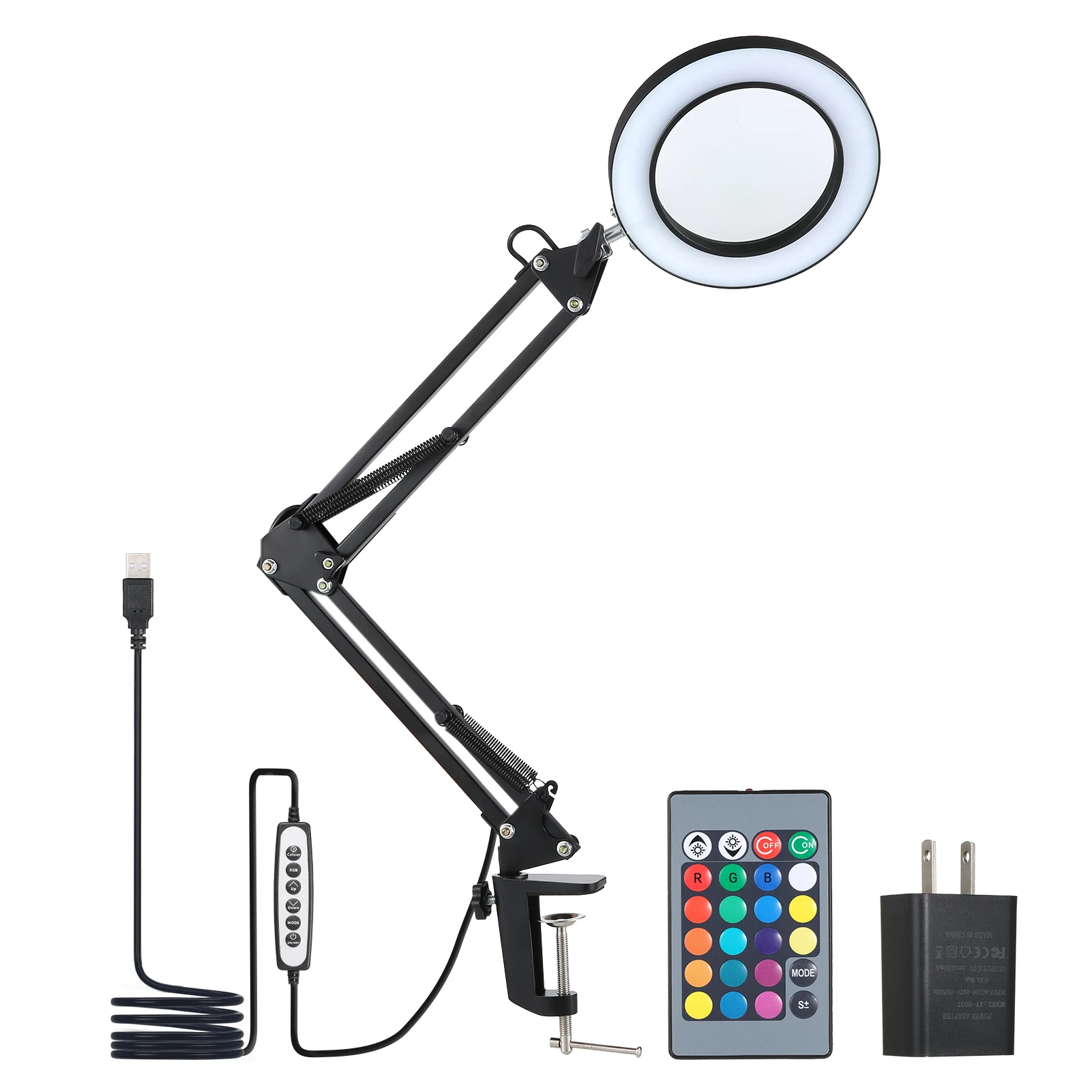 

80LEDs Desk Light with 5x Magnifier Swing Arm Clamp-on Table Lamp USB with Controller 10 Levels Dimmable Foldable Bracket Holder