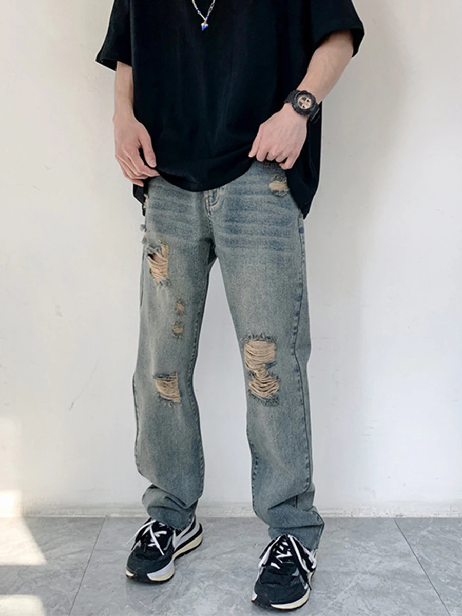 Four Seasons Men's Wear Vibe American High Street Ripped Jeans Hip Hop Loose Straight Trousers Fashion Streetwear Ins Hot Sale