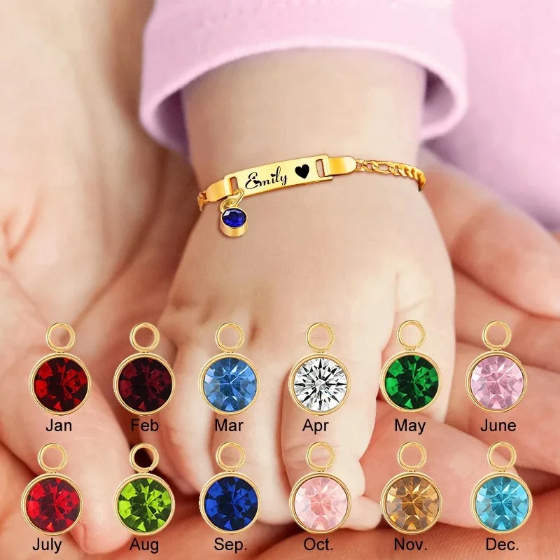 Personalized Birthstone Charm Bracelet For Baby Kids Custom Stainless Steel Newborn Children Name Bracelet Jewerly Brithday Gift