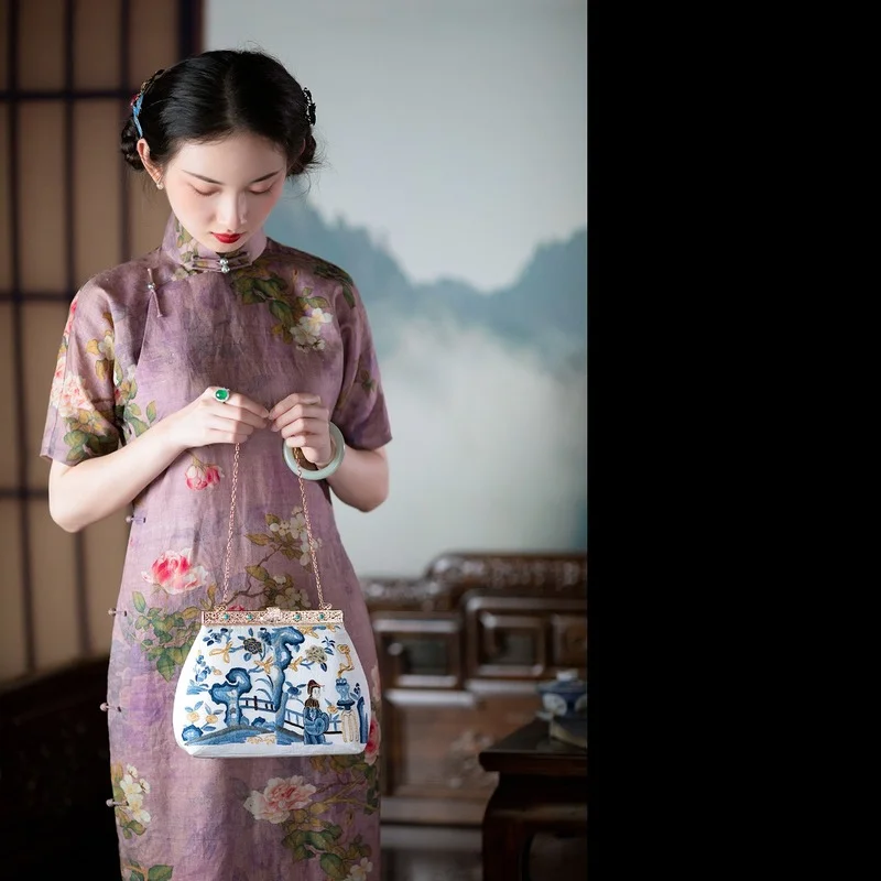 

Chinese Traditional Floral Print Cheongsam For Women 2022 Summer Elegant Ramie Stand Collar Side Slit Slim Dresses Retro Qipao