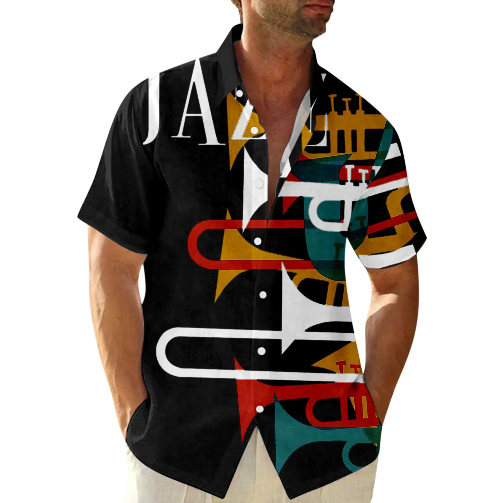 

Рубашка мужская с коротким рукавом, гавайская роскошная дизайнерская одежда с джазовым принтом, Элегантная классическая Повседневная модн...