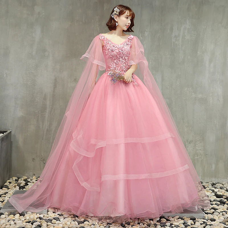 

Fairy Sweet Pink Quinceanera Dresses Lace Illusion Deep V-neck Ball Gown Exquisite Appliques Floor-length Vestido De Debutante