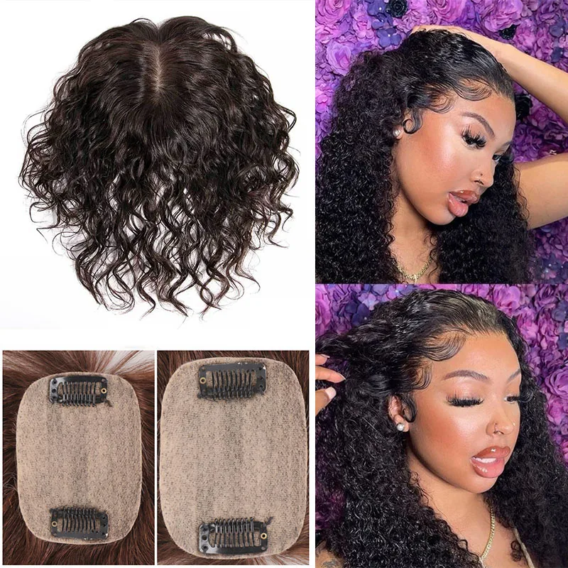 

16 inch Natural Black Hair Topper Natural Hairpiece Silk Top Extensions Human Hair Silk Base Toupee Deep Part For Women