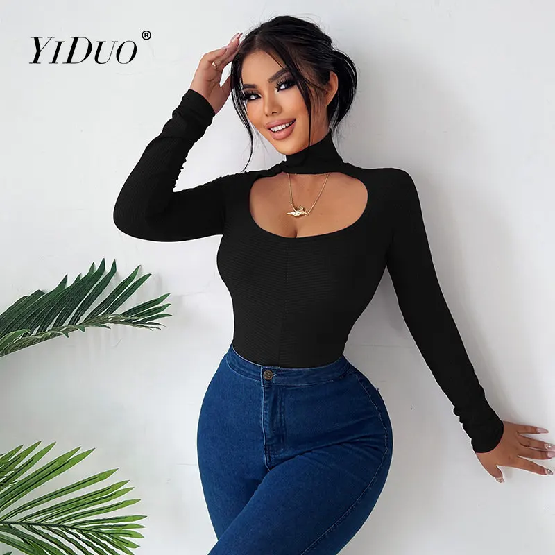 

Женская футболка с длинным рукавом, ажурный топ с высоким воротником, Повседневная футболка для девушек YI DUO, осень 2022