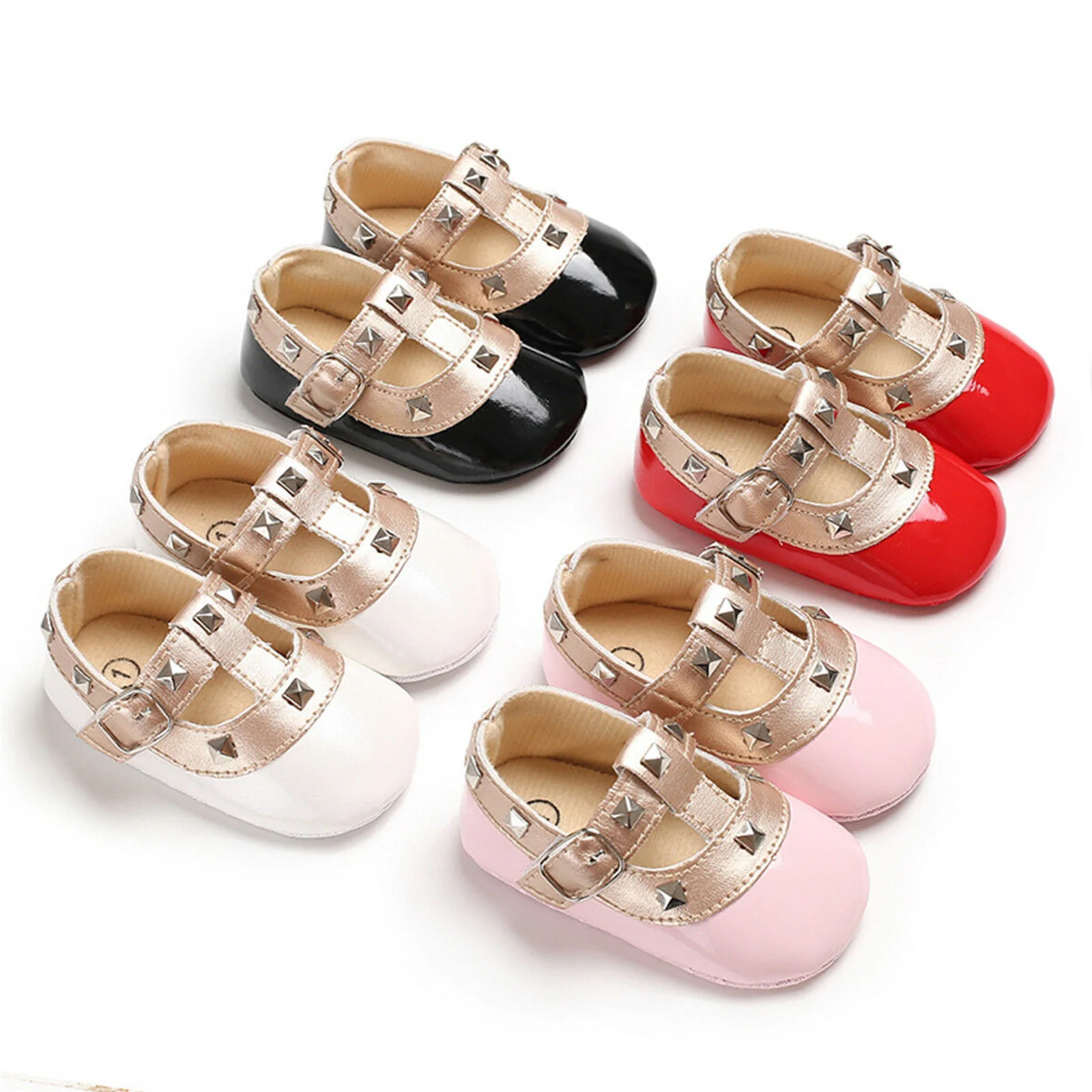 

New Newborn Baby Girls Bling Crib Pram Shoes Anti-slip Shoes Solid Colors Bow Soft Sole Crib Leather Prewalker With Heel