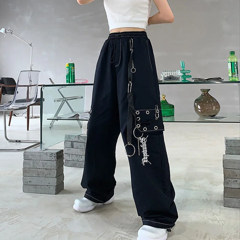

Женские брюки-карго с широкими штанинами, черные свободные брюки с широкими штанинами в готическом стиле, в стиле хиппи, в Корейском стиле
