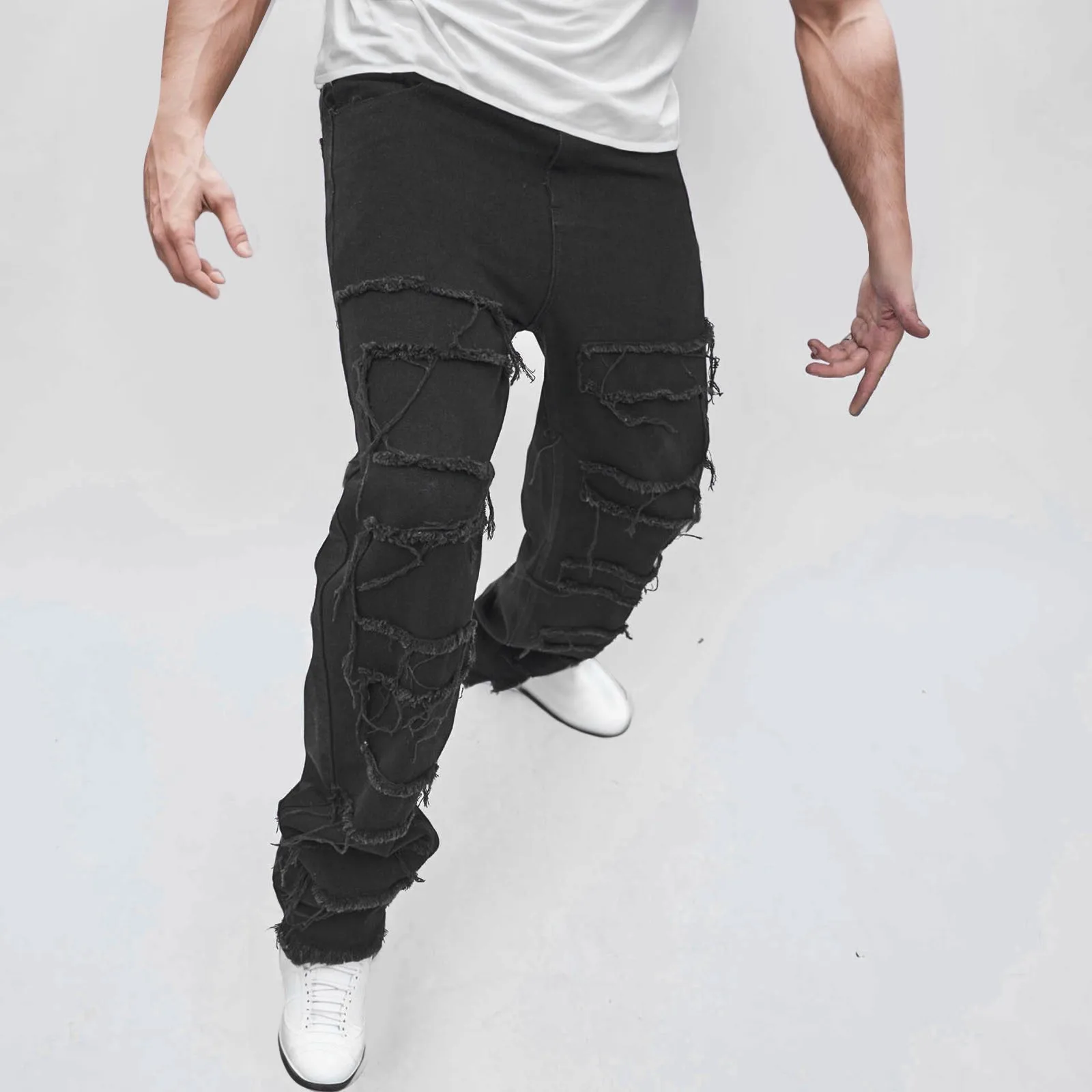 

2023 темные черные уличные мешковатые рваные штаны Y2K, мужские брюки в стиле пэчворк, хип-хоп, прямые джинсовые брюки, мужские брюки