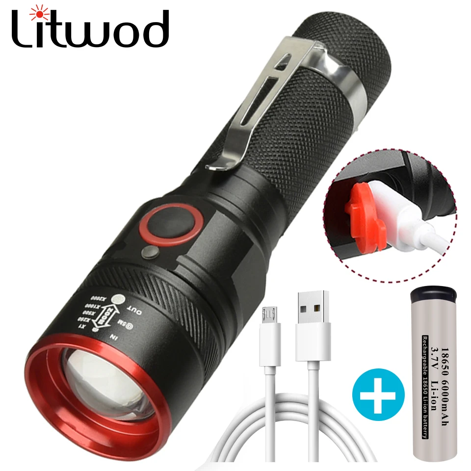 

Светодиодный фонарик с перезаряжаемым от USB аккумулятором 18650, фонарик XM-L T6, фонарь с переменным зумом, водонепроницаемый высококачественны...