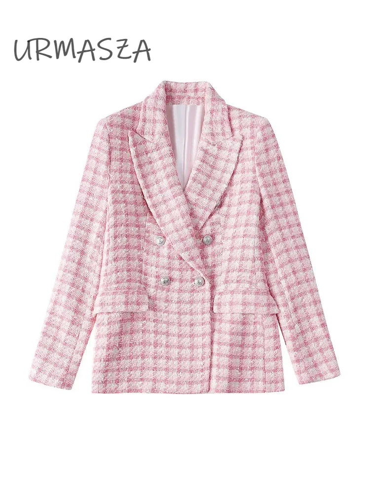 

Women Jacket 2022 New Fashion Double Breasted Tweed Blazer Coat Vintage Long Sleeve Female Outerwear Chic
