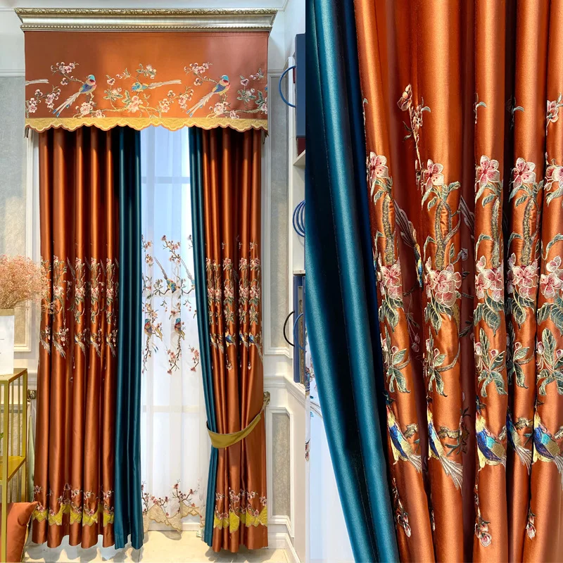 

New High Quality Silk Embroidered Curtain Chinese Style Curtains for Living Room Villa Bedroom Classical Curtain Valance Custom