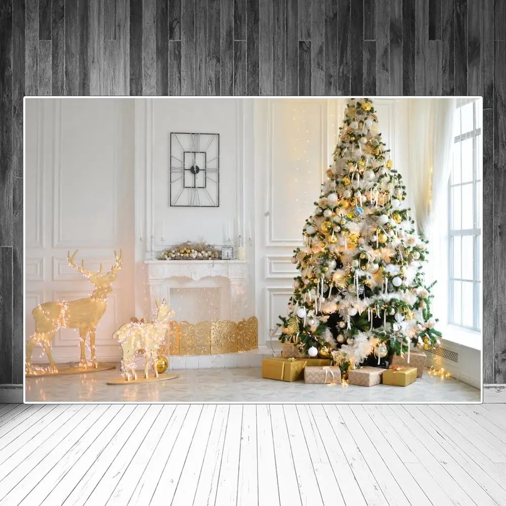 

Фон для фотосъемки с изображением рождественской елки подарка камина огней оленя