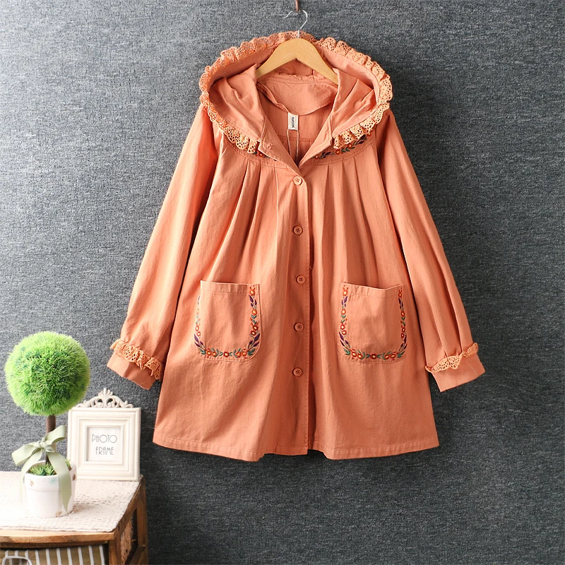 

Autumn new women's Japanese sweet hooded embroidered solid color cotton and linen coat loose long-sleeved trench coat