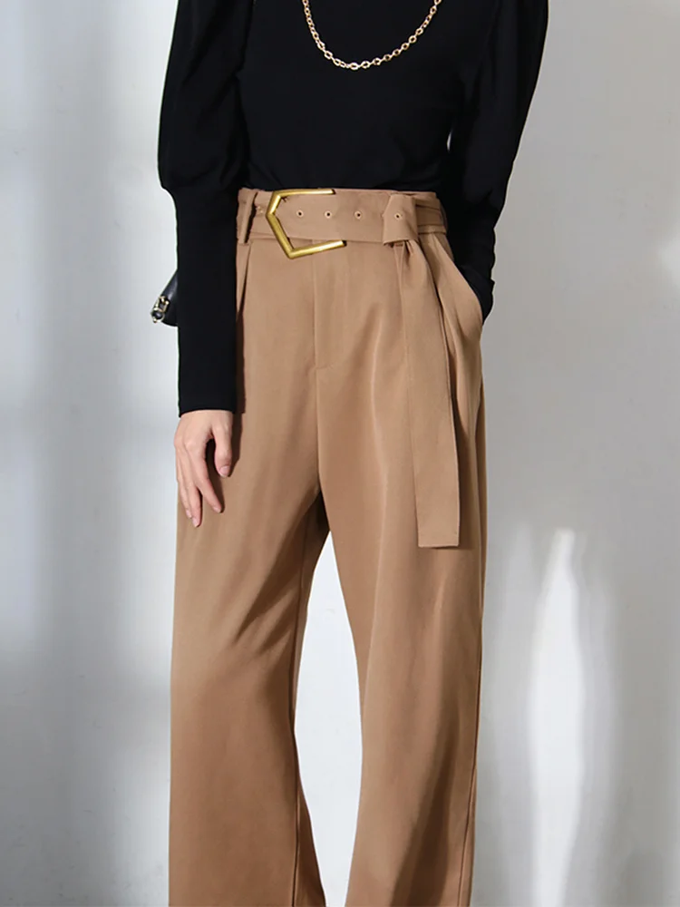 High-waisted Trousers Wide Leg Buckle Design Office Lady Cool Streetwear Pocket Pants 2022 Spring Summer New B976