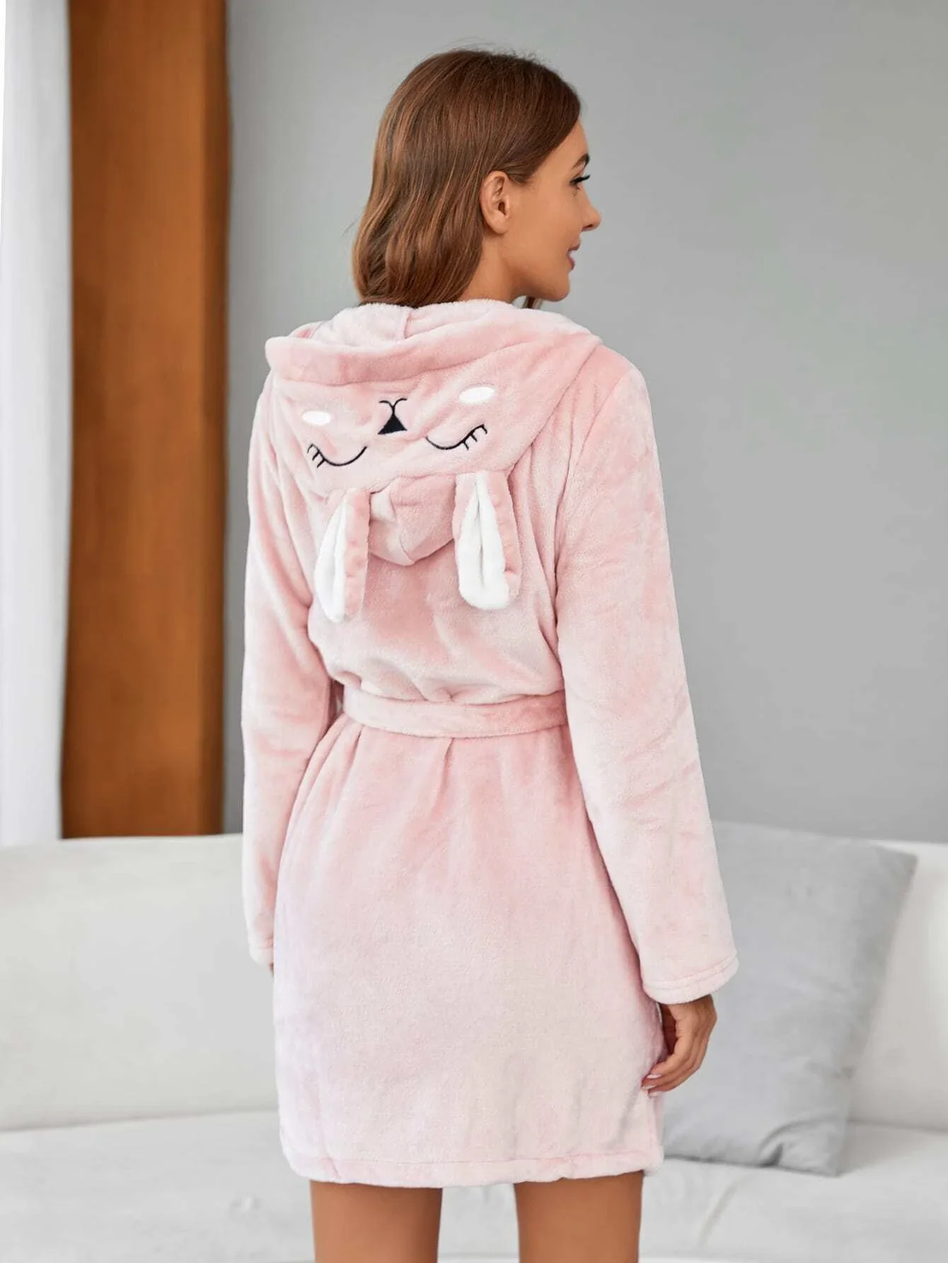

Cartoon Embroidery 3D Ears Design Hooded Belted Flannel Night Robe