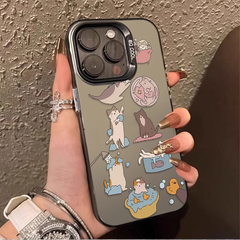 Funny Cute Doodle Cat IMD Hard Case For iPhone 16 ProMax 15 14 13 12 11 Pro Max XS X XR Plus Y2K Plating PC Bumper Back Cover