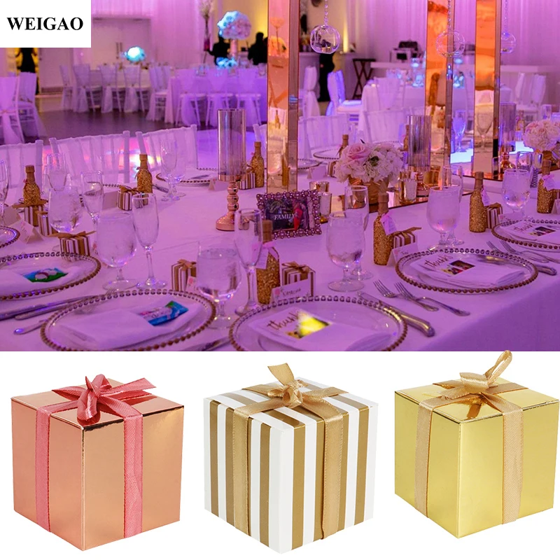 Bulk Candy Boxes With Ribbons 2x2x2 Inch Gold Striped Box Party Favors For Wedding Baby Shower Birthday Supplies