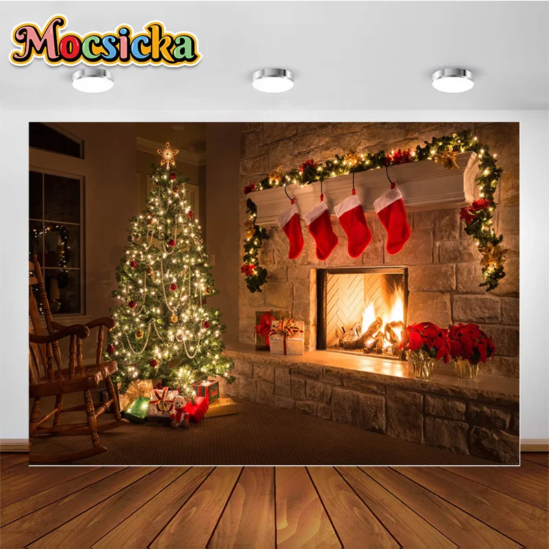 

MOCSICKA Winter Christmas Family Party Decoration Background Christmas Tree Gift Fireplace Stockings Portrait Photography Studio