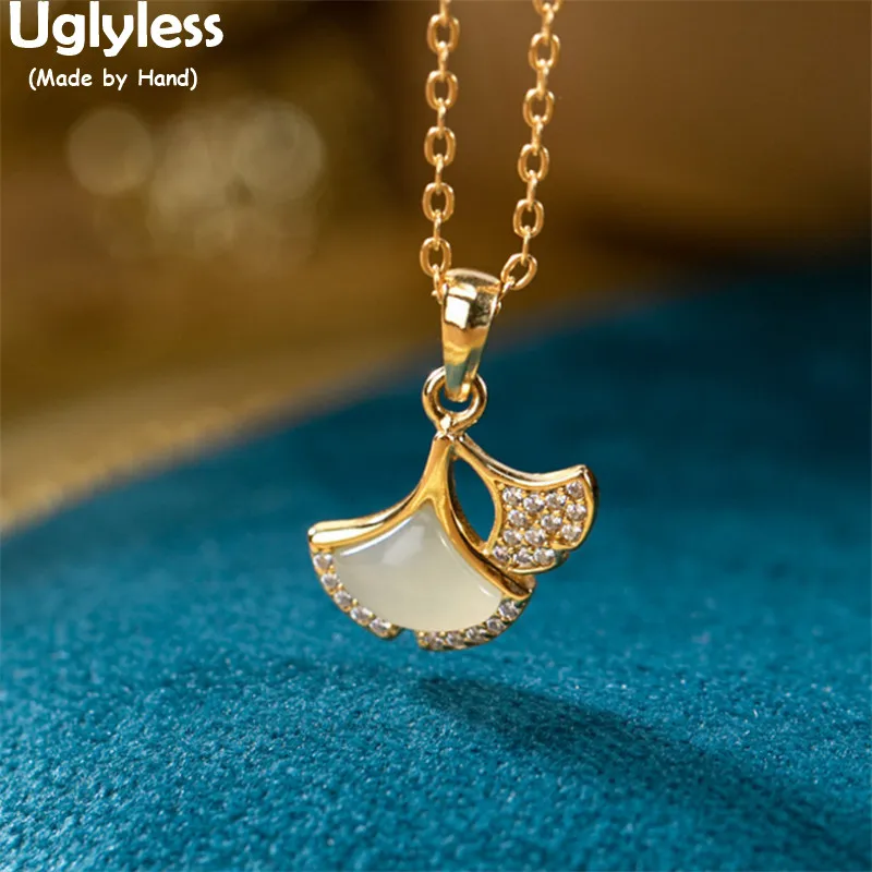 

Uglyless Ginkgo Leaf Necklaces Studs Earrings Jewelry Sets for Women Jade Agate Zircons Crystals Pendants + Chains 925 Silver