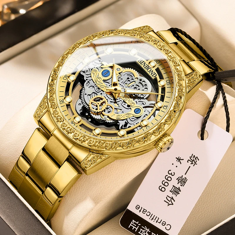 

BINBOND Mens Fashion Hollow Quartz Watches Men Business Watch Stainless Steel Gold Skeleton Watch Luminous Relogio Masculino