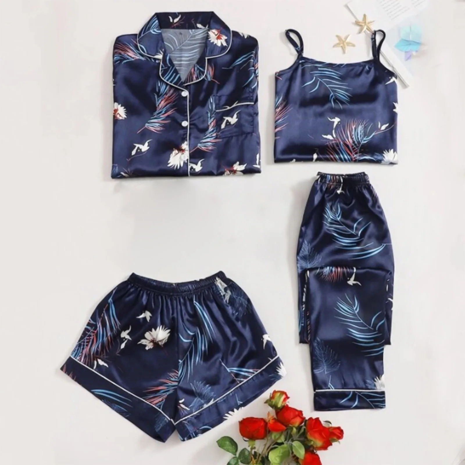 

2023 New Women Home Suit Flamingo Print Pajamas Sets Satin Sleepwear Silk 4 Pieces Nightwear Strap Lace Sleep Loungewear