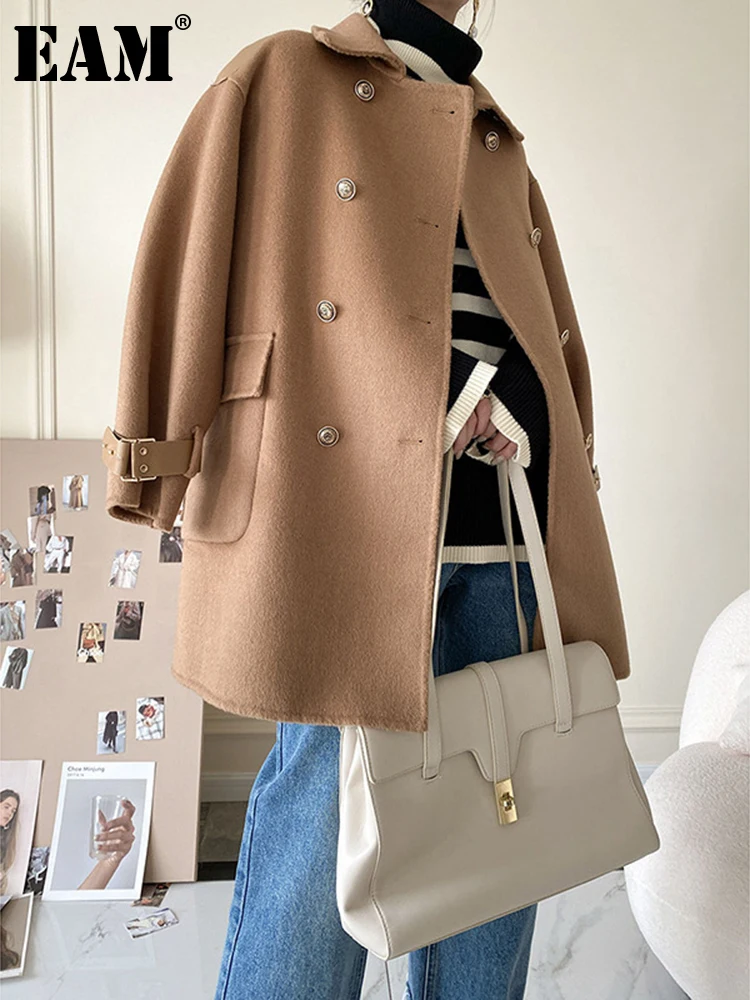 

[EAM] Loose Fit Khaki Big Size Thick Elegant Woolen Coat Parkas New Long Sleeve Women Fashion Tide Autumn Winter 2022 1DF1631