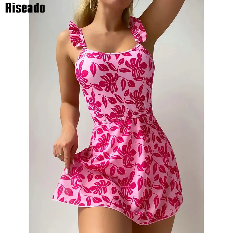 

Riseado Plant Print One Piece Swimsuit With Beach Skirt Ruffle Sexy 2 Piece Swimwear 2022 Backless Bodysuit Women Bathing Suits