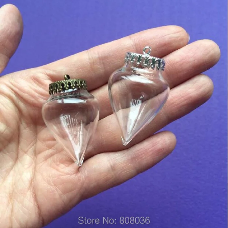 

20pcs 38x25mm tear drop handmade glass globe orb clear wishing bottle pendant with silver/bornze teeth tray jewelry necklace