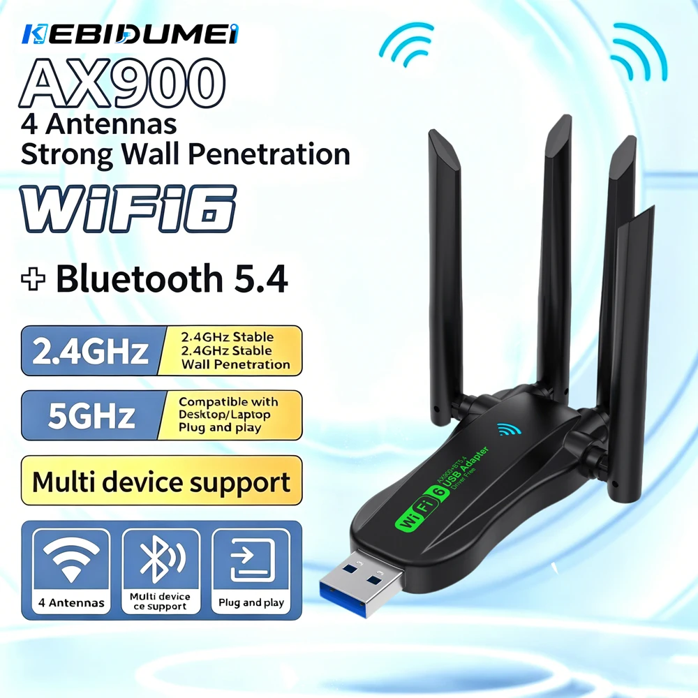 Фото Беспроводной USB-адаптер KEBIDUMEI WIFI6 Bluetooth 5.4, 2,4G/5Ghz, 900 Мбит/с, двухдиапазонный, с 4 антеннами, сетевая карта Wi-Fi, донгл для WIN10/11 №1