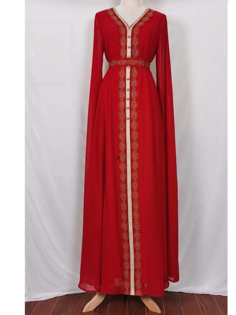 Eid Morocco Party Dress Women Abaya Embroidery Long Sleeve Belted Kaftan Abayas Muslim Dubai Gowns Morocco Evening Vestiods