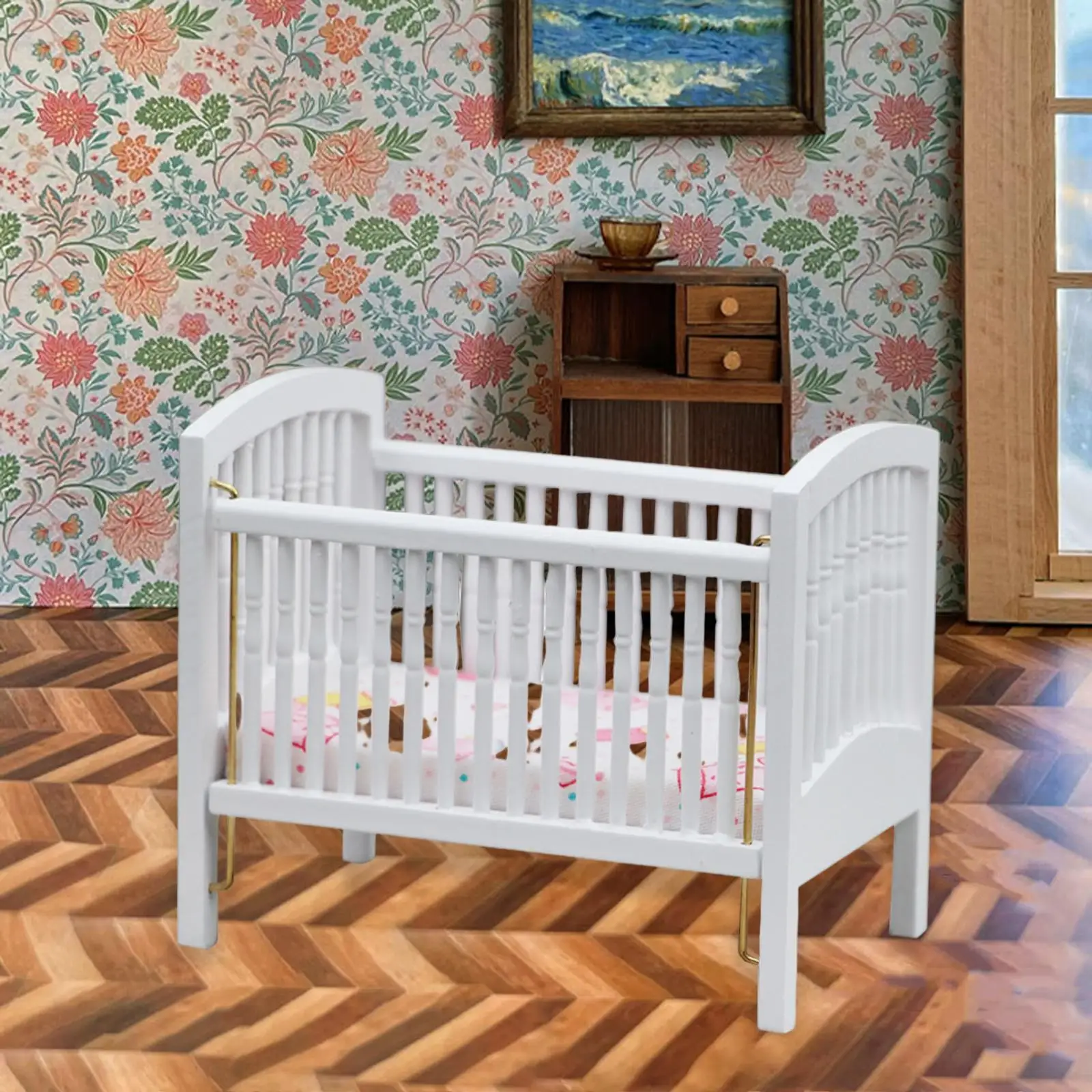 

Wooden 1:12 Dollhouse Miniature Crib with Mattress Furniture Toys Model