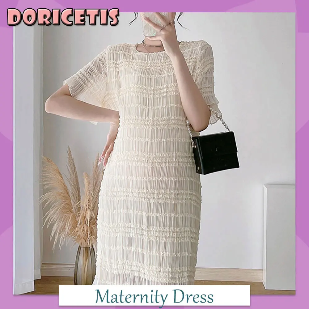 

Maternity Dress Solid Color Ruffle Sleeve Pleated Skirt Summer New Women Clothes Fashion Pregnant Dress Casual Female Clothes