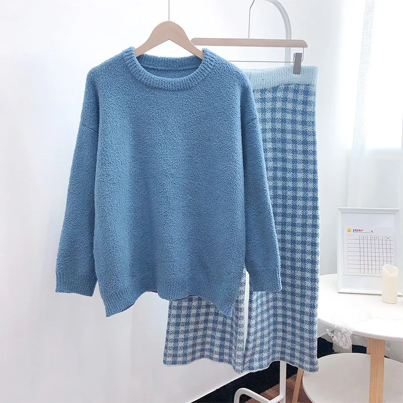 Pajamas Set Women Winter Thickening Warm Soft  Autumn long-sleeved Trousers Round Neck Plaid Solid Feather Yarn Suit Sleepwear