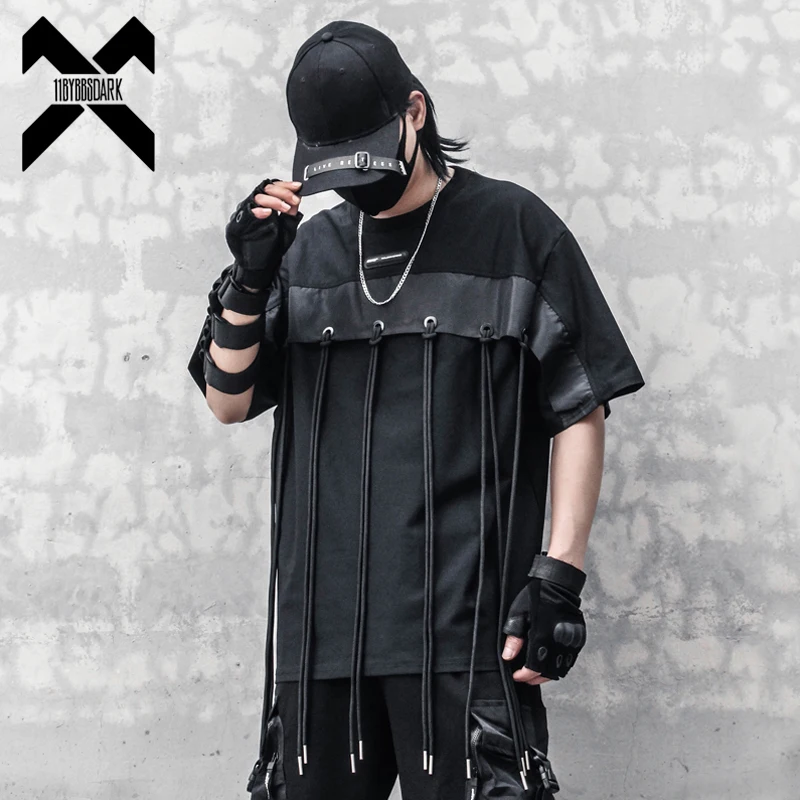 

Футболка мужская в стиле хип-хоп, функциональная черная индивидуализированная тенниска с лентами в стиле пэчворк, модные брендовые майки, л...