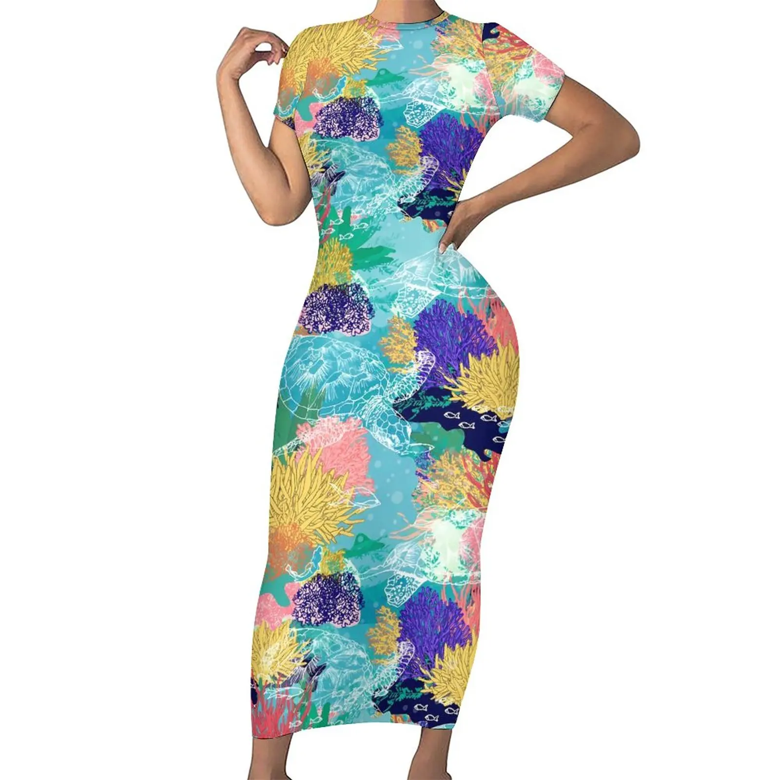 

Cute Turtles Bodycon Dress Women Colorful Coral Reefs Vintage Maxi Dresses Spring Short Sleeve Aesthetic Design Oversized Dress