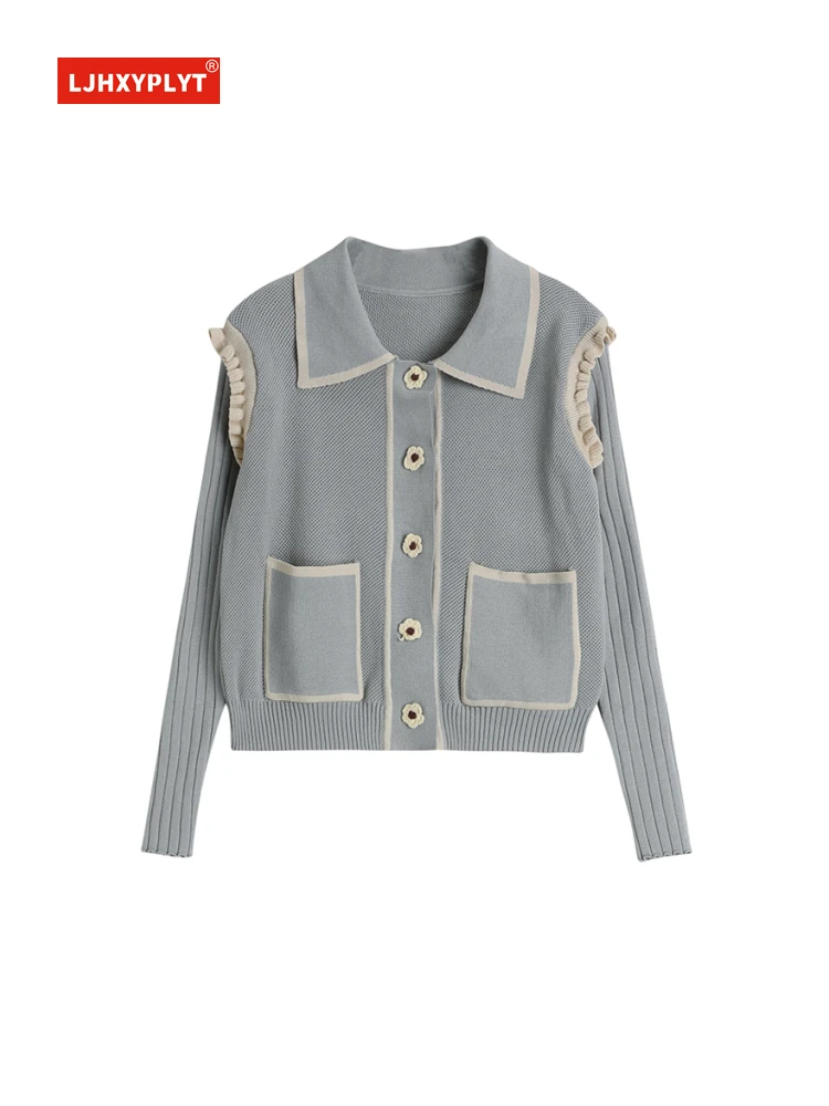 Flower Button Color-blocking Long-sleeved Knitted Cardigan Spring And Autumn Retro Thin Coat Gray Ruffled Sweater Top Female