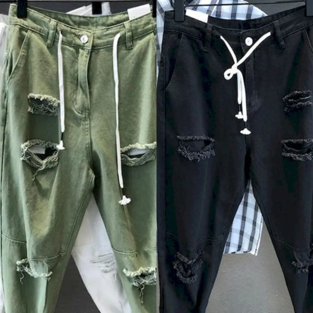 

Jeans Men And Women Summer 2022 High Waist Thin Holes Color Loose Straight Denim Ankle-length Harem Pants Men And Women Jeans