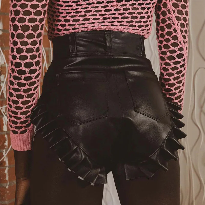 

Pu Leather High Waist Hip Wrap Casual Shorts Women High Waist Ruffle Hem Club Party Shorts Bandage Bodycon Trousers