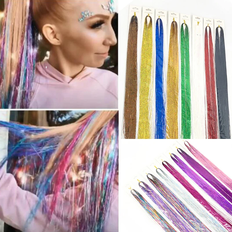 

Sparkle Shiny Hair Tinsel Rainbow Silk Hair Extensions Dazzles Women Hippie for Braiding Headdress Long 100cm 120 Strands/bag