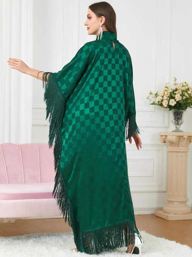 Party Dress Muslim Abayas for Women Dubai 2022 Tassel Bat Sleeve Plaid Long Dresses Morocco Kaftan Women's Ramadan Caftan Robe