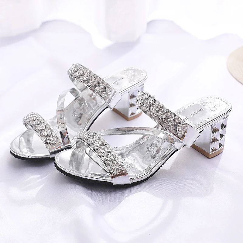 

Version of The Sandals Ladies 2022 Summer Ladies Sandals Mid-heel Women Shoes Rhinestone Fish Mouth Sandals and Slippers