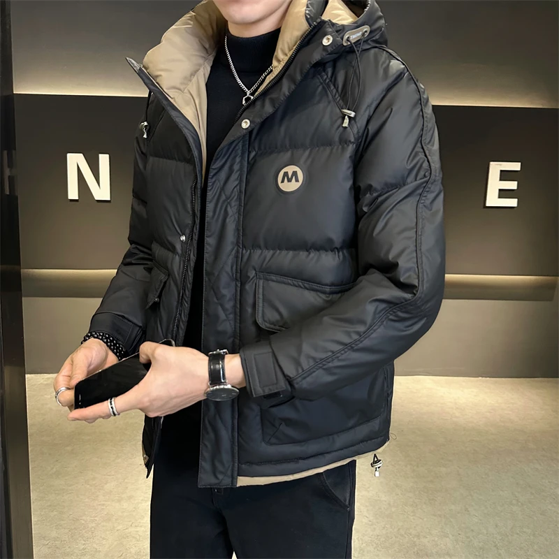 Зимняя мужская куртка с капюшоном брендовая модная кожаная большими карманами