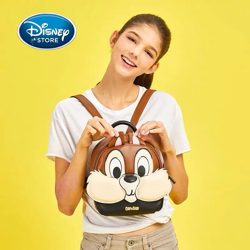 Disney Backpack Shanghai Disneyland Chip Squirrel Brown PU Leather Fashion Casual Adult/Child Backpack Cartoon Girls Schoolbag