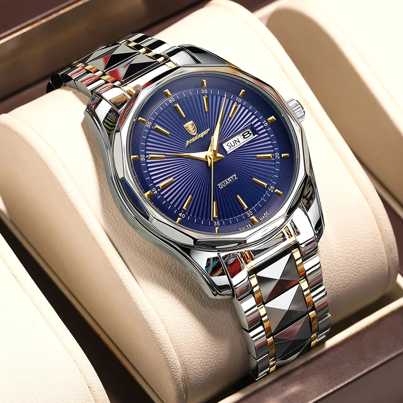 

POEDAGAR Mens Watches Top Brand Luxury Stainless Steel Quartz Watch for Men Sports Waterproof Luminous Week Date Wristwatch