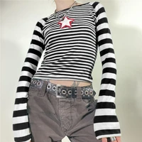 2022 new five pointed star embroidery striped slim round neck knitted t shirt top womens wear short commuter