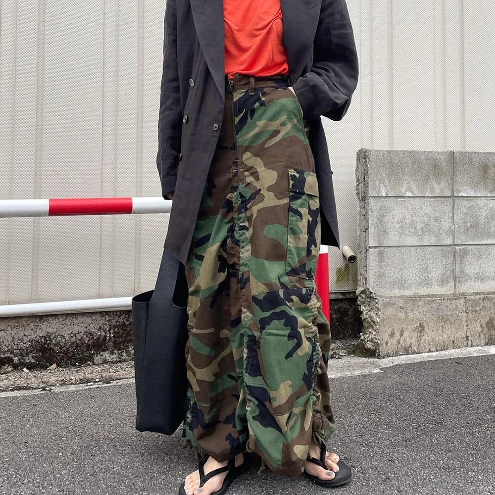 

Уличная Женская камуфляжная юбка на шнуровке, длинные юбки на молнии с карманами, бандажные камуфляжные юбки-карго для танцев, юбки-Макси
