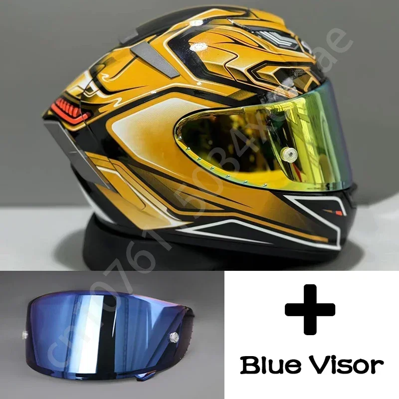 

Shoei X-Spirit 3, анфас, уличный мотоциклетный шлем Shoei X-14 X-четырнадцать аэродинамических TC-9, золотой черный шлем